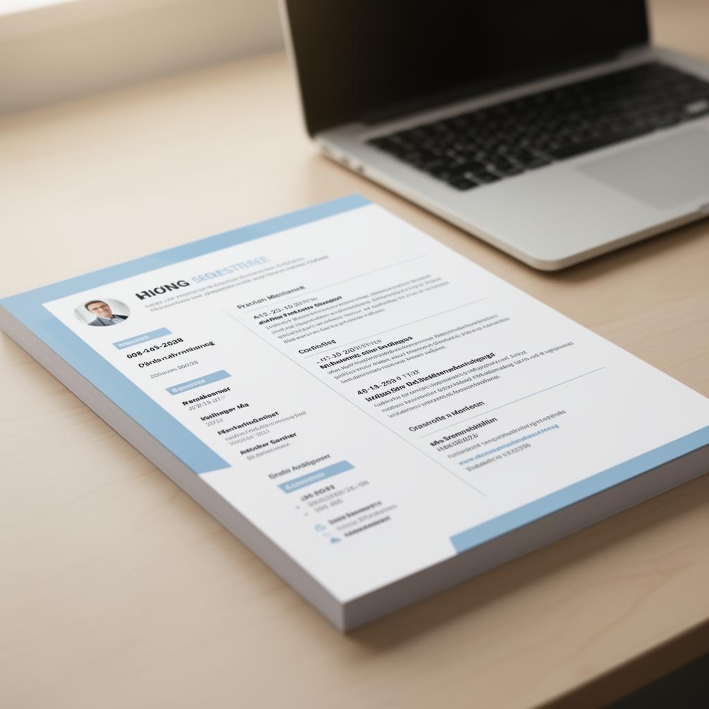 Profesjonell CV-mal liggende på et skrivebord ved siden av en laptop